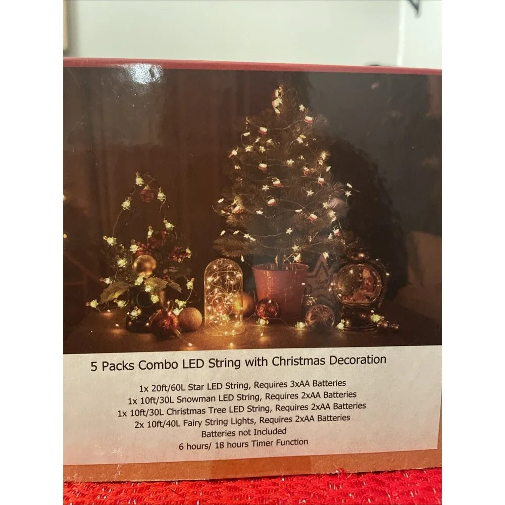 5 Pack Combo Led String With Christmas Decorations. Battery Operated, Timer